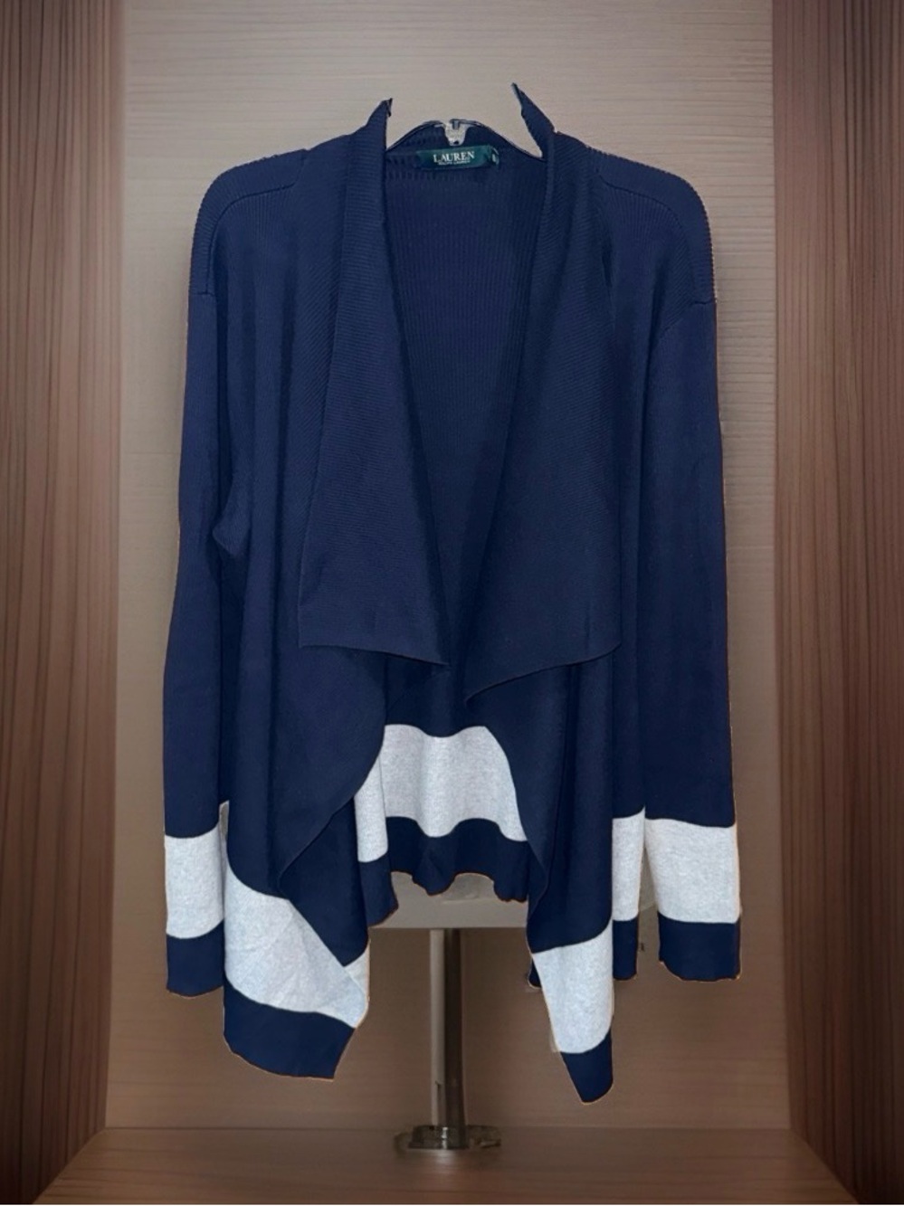 Lauren Ralph Lauren Ribbed Navy Open-Front Draped Cardigan w/Gray Stripe-XL-EC